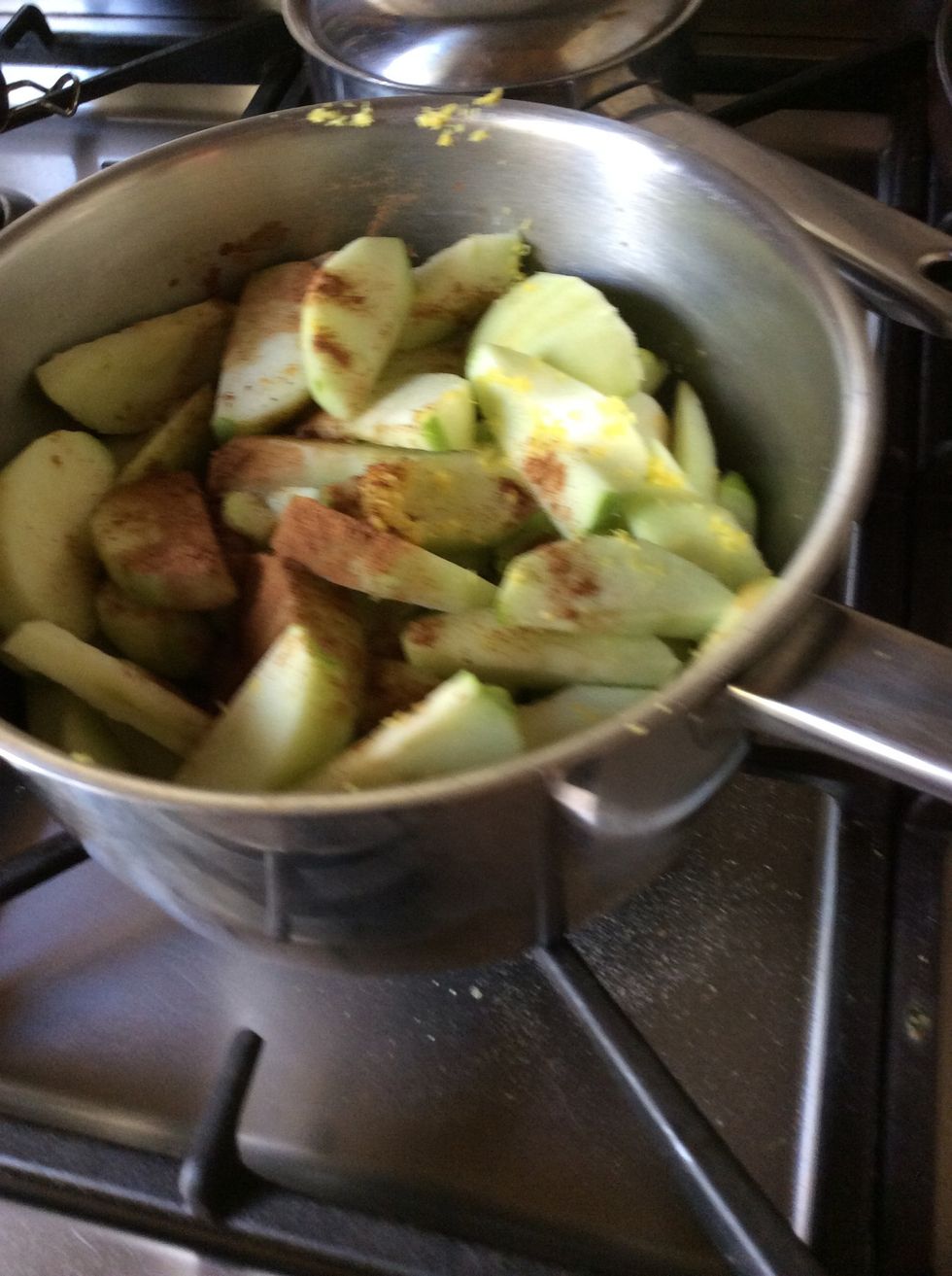 Add the cinnamon and lemon zest to the apples with the water, stew on a low heat till the apples are soft. Then mix in the sugar.