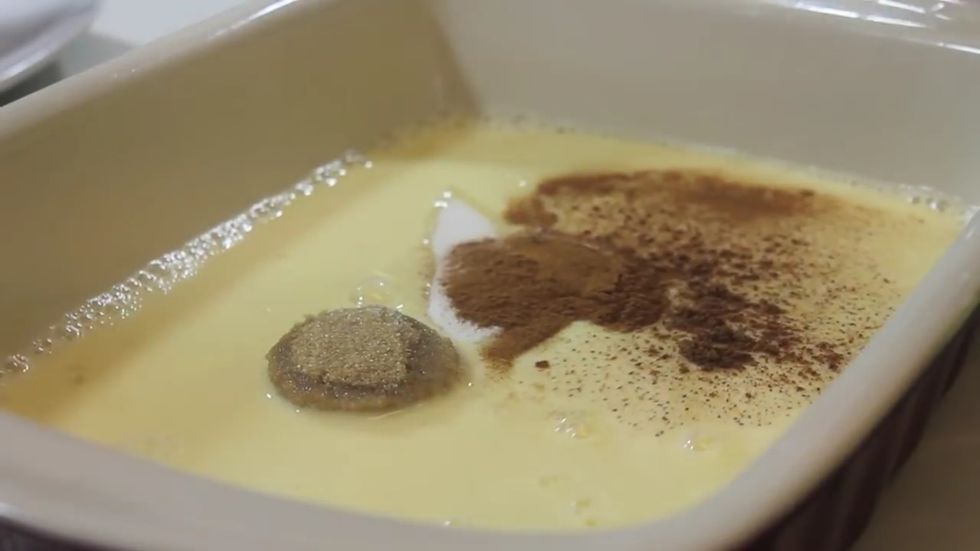 Add the cinnamon, brown or granulated to the milk and egg mixture. Whisk till all is mixed