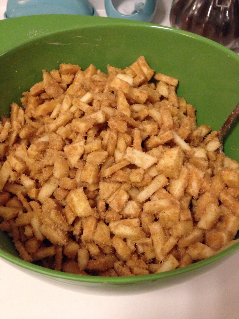 Add the cinnamon mixture to the apples and stir until well combined - set aside. (At this time you will want to preheat your oven to 400* F and spray your muffin pans with Pam)