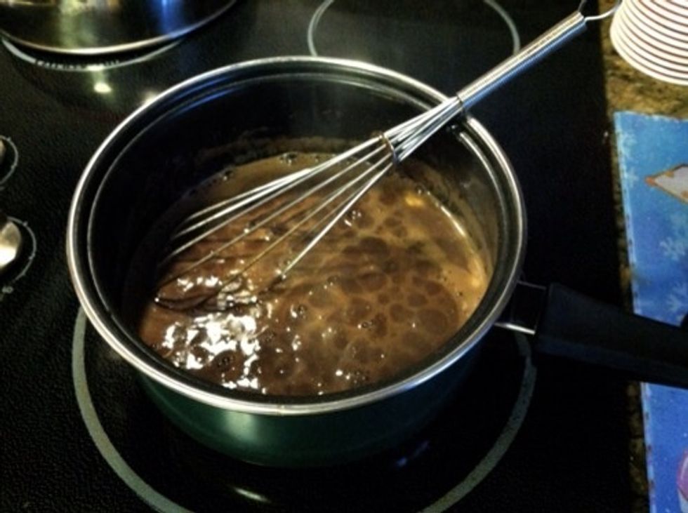 Add the cocoa and whisk until smooth. Remove from heat and allow to cool slightly.