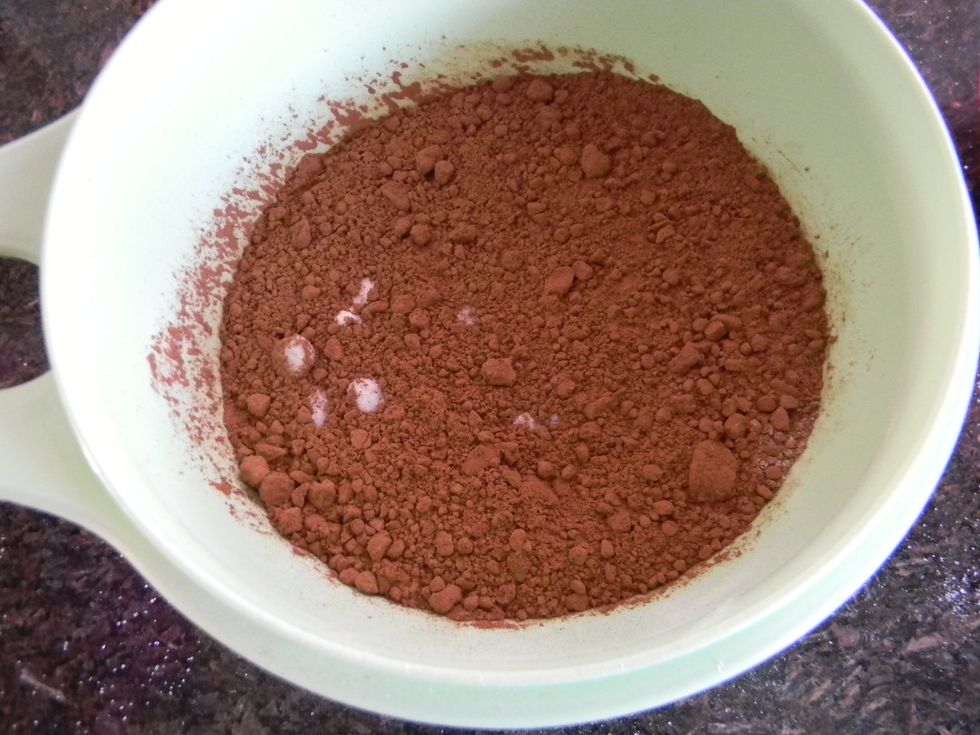 Add the cocoa powder and 1/2 cup of sugar to the flour (if you want you can use 1/4 cup more of cocoa and replace the 1/8 cup of flour)