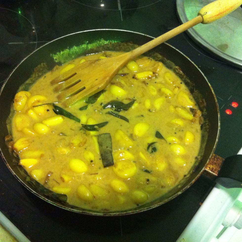 Add the coconut milk and let the curry simmer for few more minutes. Taste and add salt again if needed.