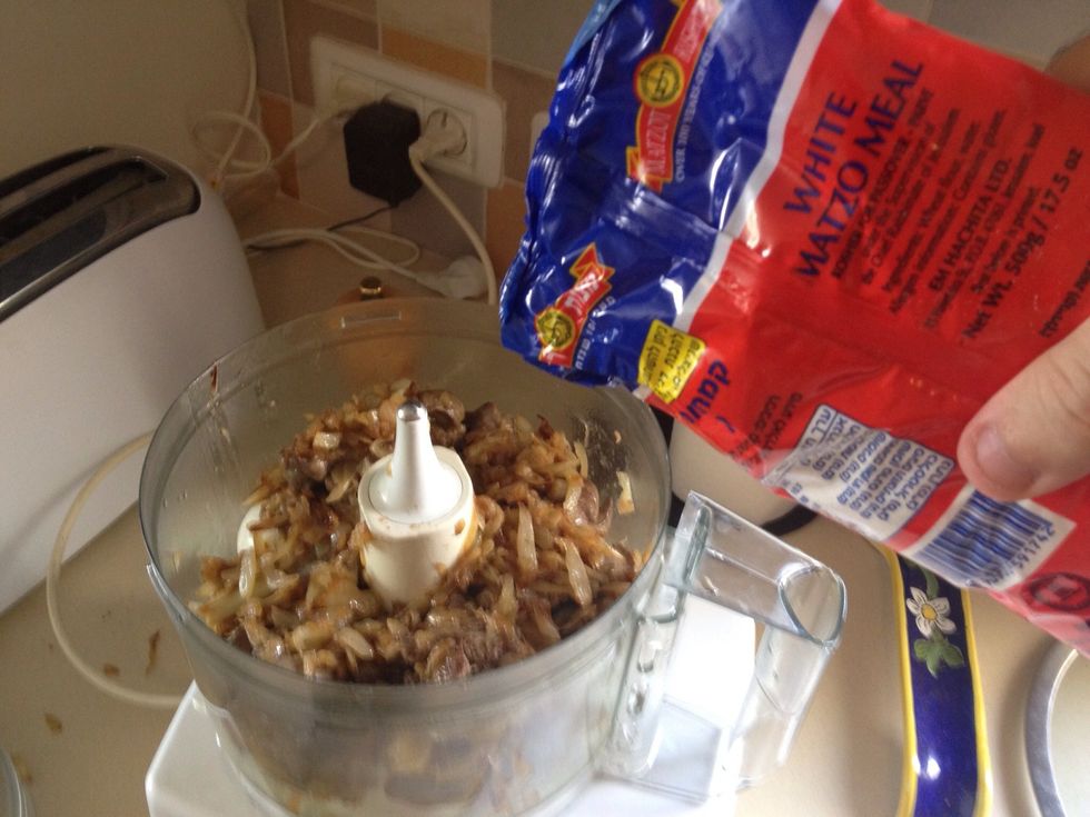 Add the cooked liver and onions, and the matzo meal or bread crumbs. Add salt and pepper (not too much. You can always add more later).