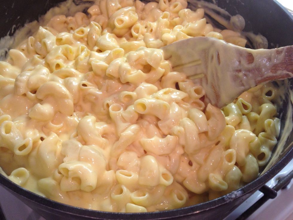 Add the cooked macaroni and mix well to evenly coat. Add more salt to taste if needed.