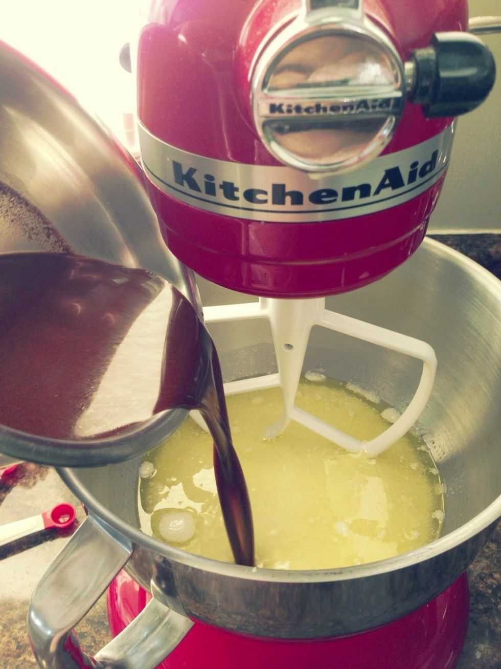 Add the cooled coffee-chocolate mixture to the egg mixture and beat until combined.