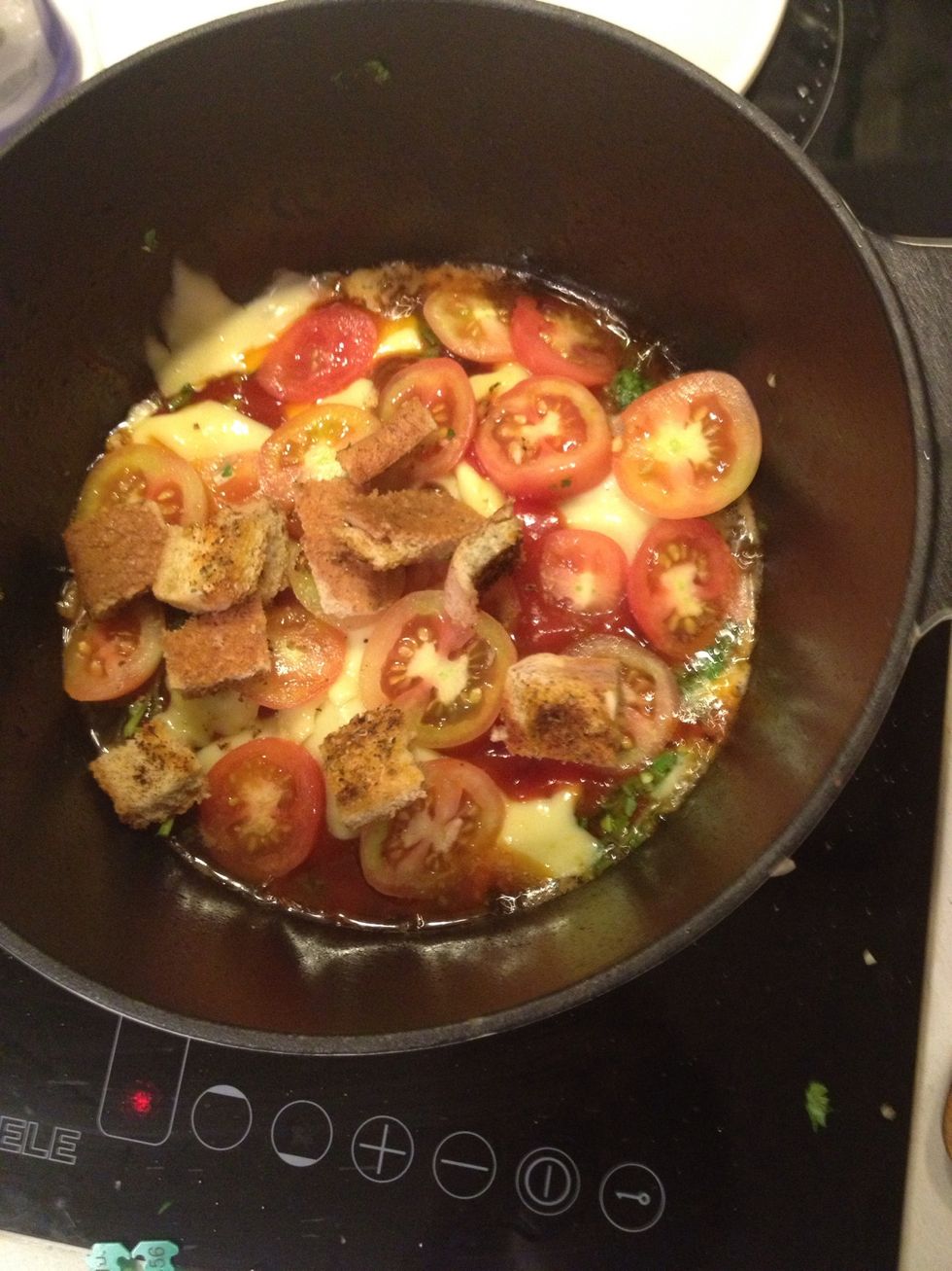 Add the croutons.