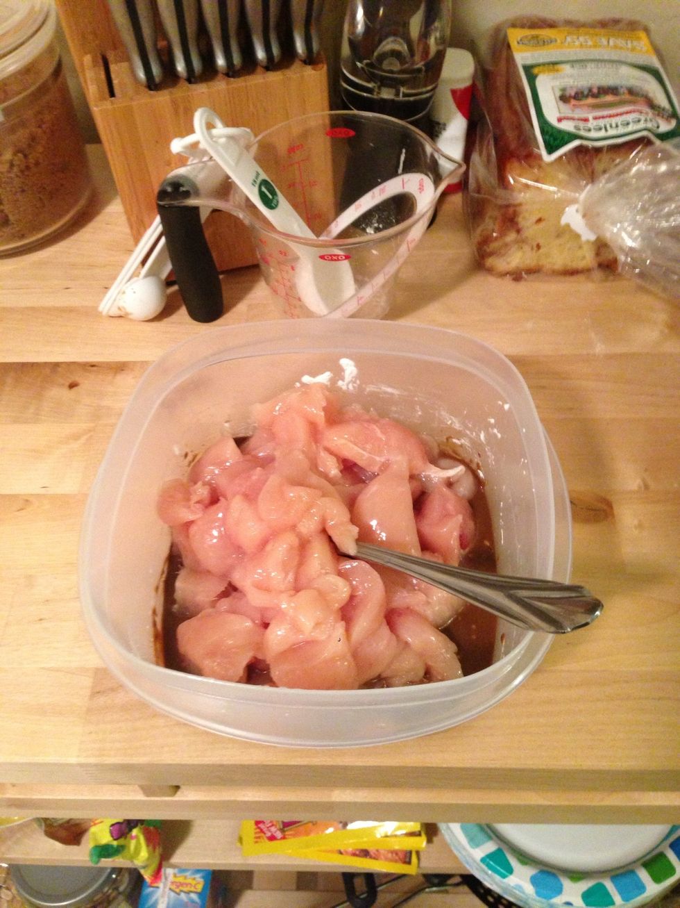 Add the cubed chicken to soy sauce mixture.