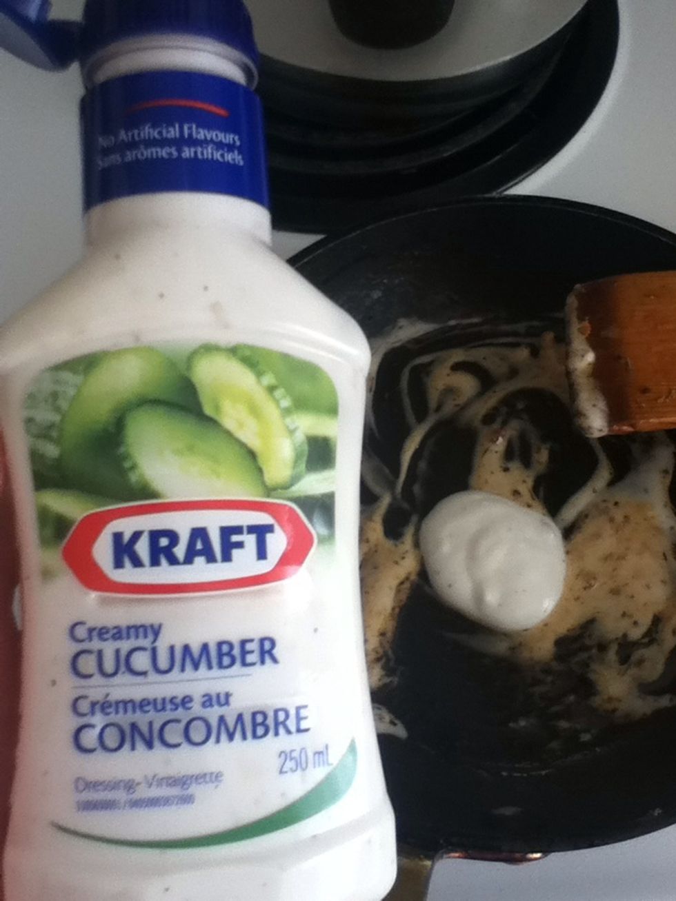 Add the cucumber sauce/dressing the pan