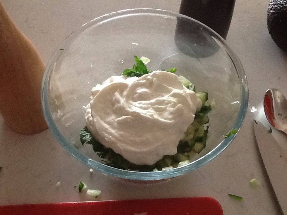 Add the Diced Cucumber and Mint into a Bowl with the Yogurt