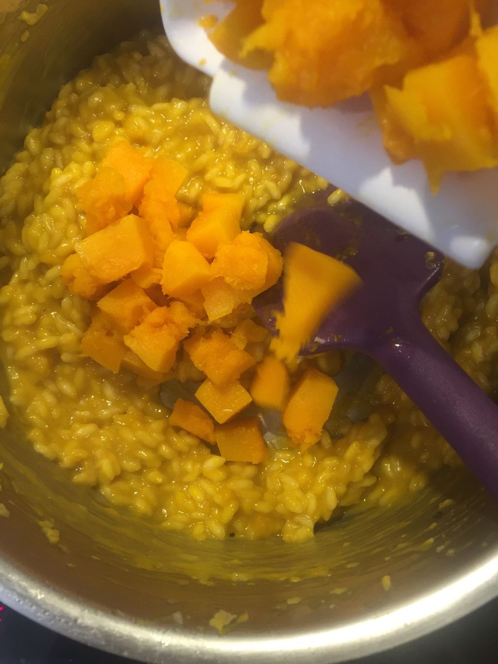 Add the diced pumpkin(make sure it is hot)