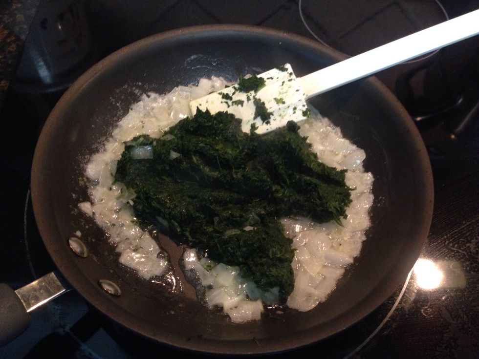Add the drained / cooked spinach to the skillet with the onions.