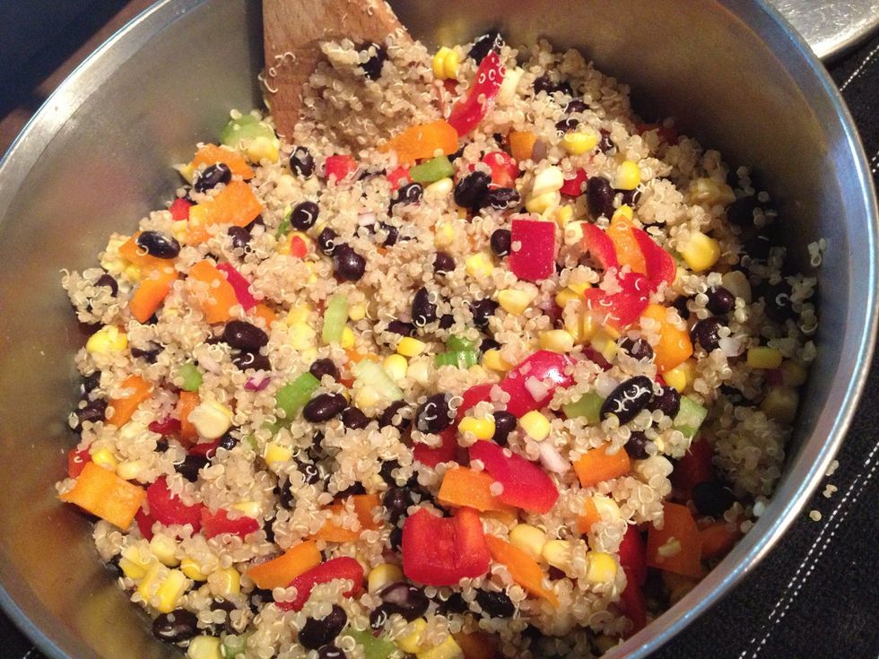 Add the dressing to the salad and mix thoroughly. The salad is meant to be served chilled, allow to sit in the fridge approx an hour before serving (this also allows for the flavors to infuse)