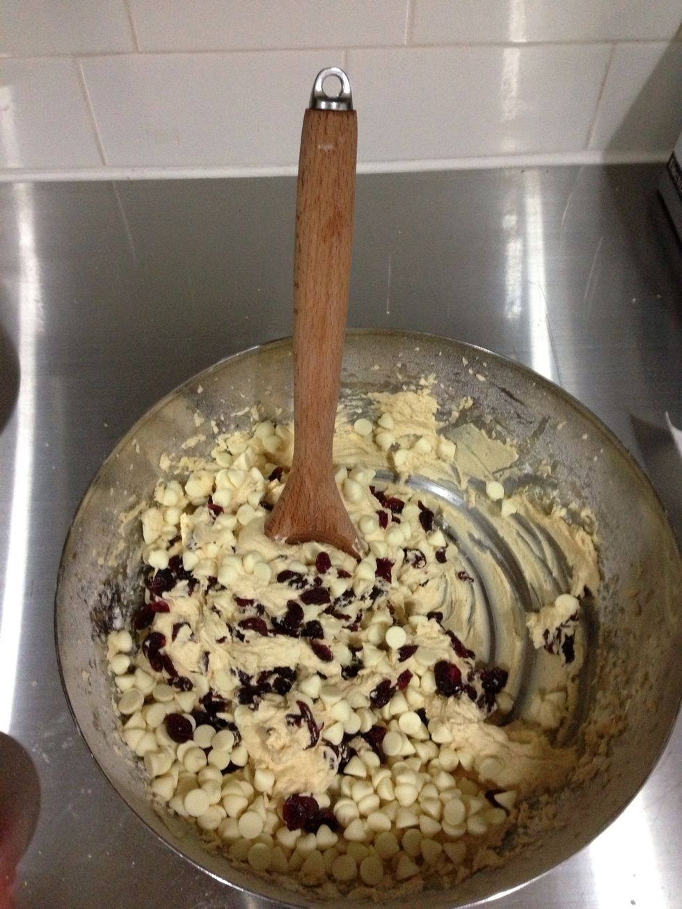 Add the dried fruits and chocolate chips and stir to combine then cover the mixture with plastic wrap and refrigerate for an hour