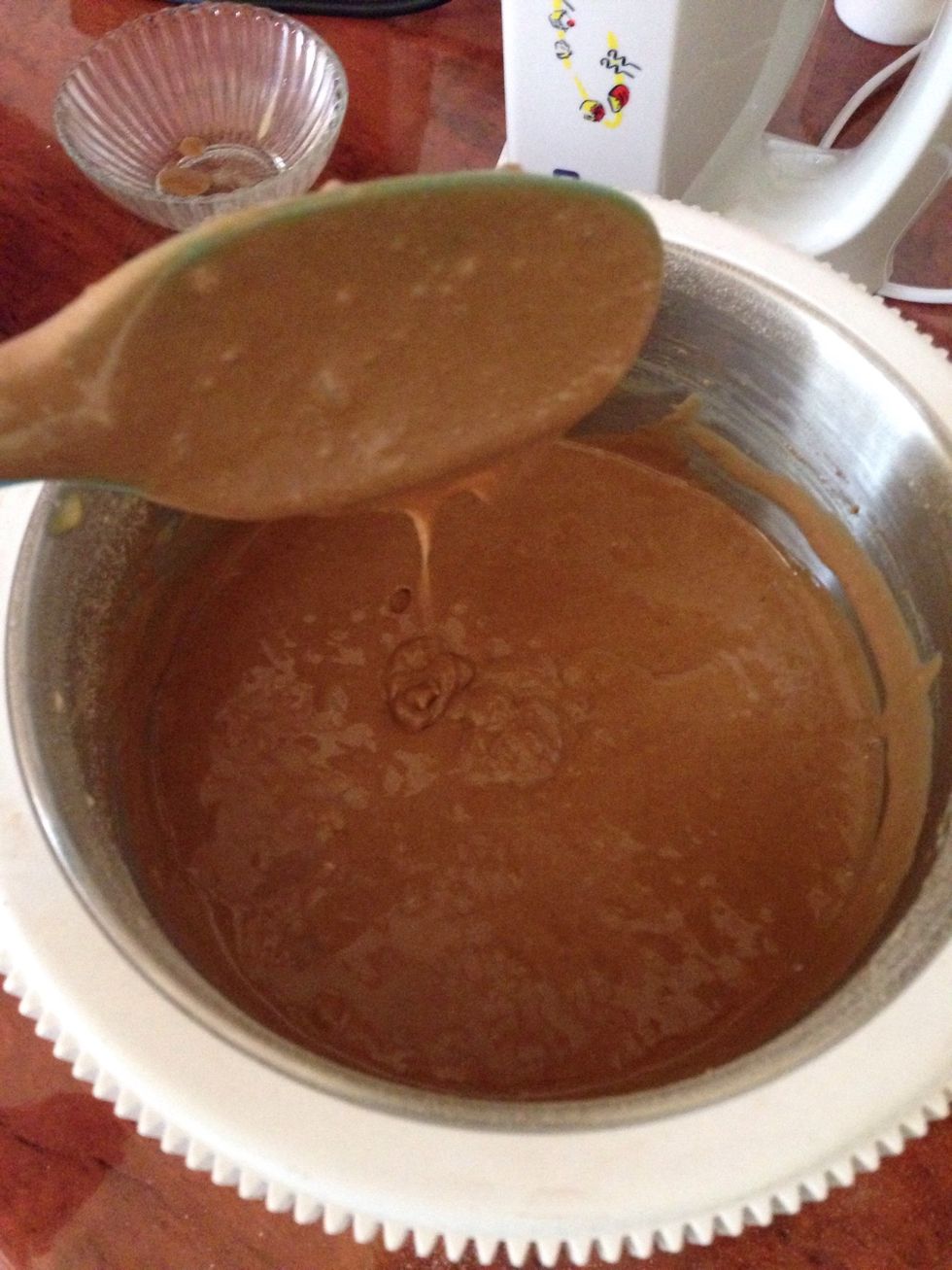 Add the dry ingredients( flour and cocoa). You should get a runny batter