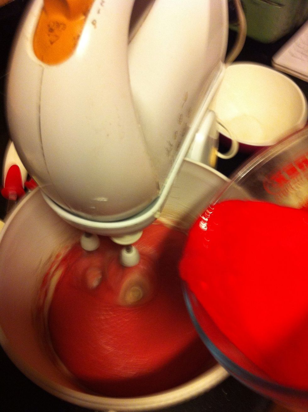 Add the dry ingredients in 4 goes alternating with the buttermilk mixture. Don't get scared by the redness! A red velvet is a red velvet!