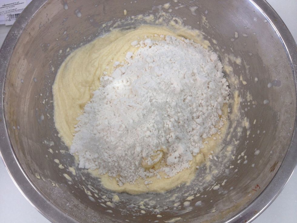 Add the dry ingredients to the butter mixture.