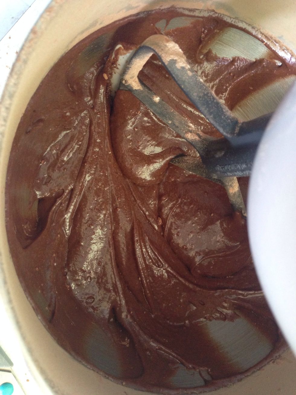 Add the dry ingredients to the wet ingredients a spoon at a time with the mixer on low until thoroughly combined.