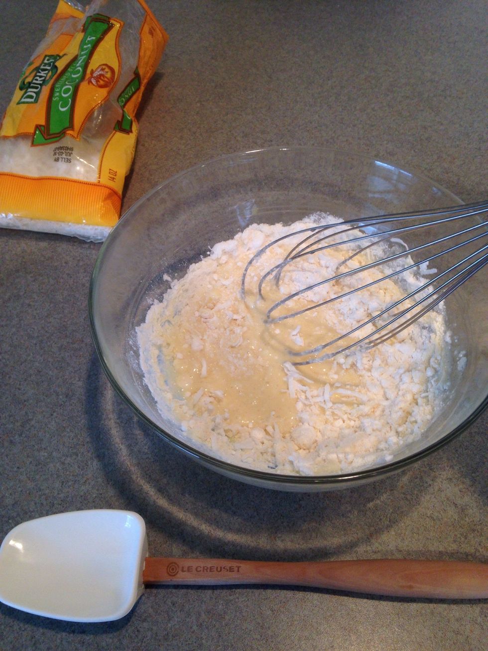 Add the dry mix and coconut flakes per your liking (optional). I added about 1/4 c. *This is when I added the melted coconut oil. Mix well and set aside.