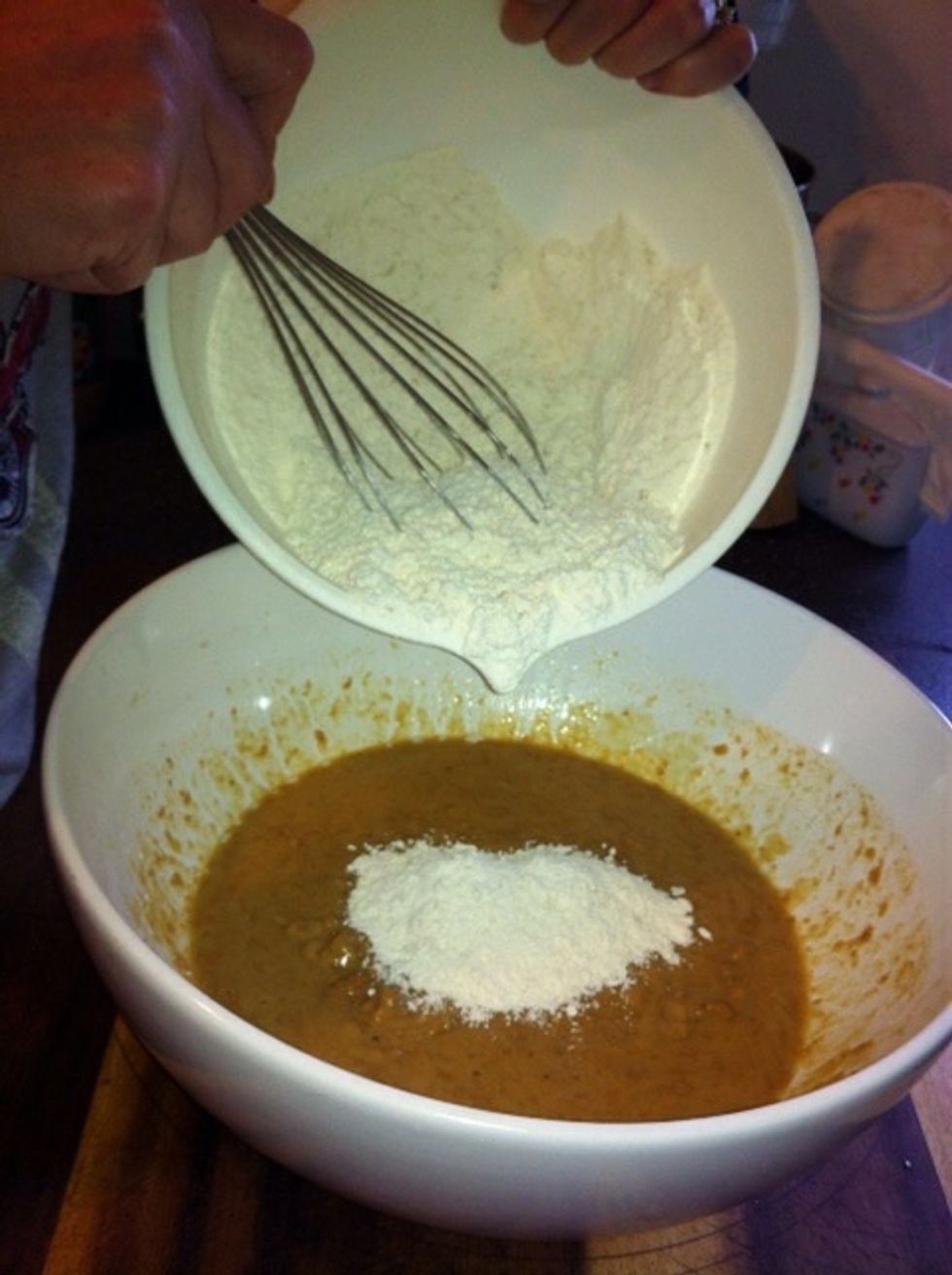 Add the dry to the wet and mix. Poor little whisk can't handle this step so I switched to a spoon.