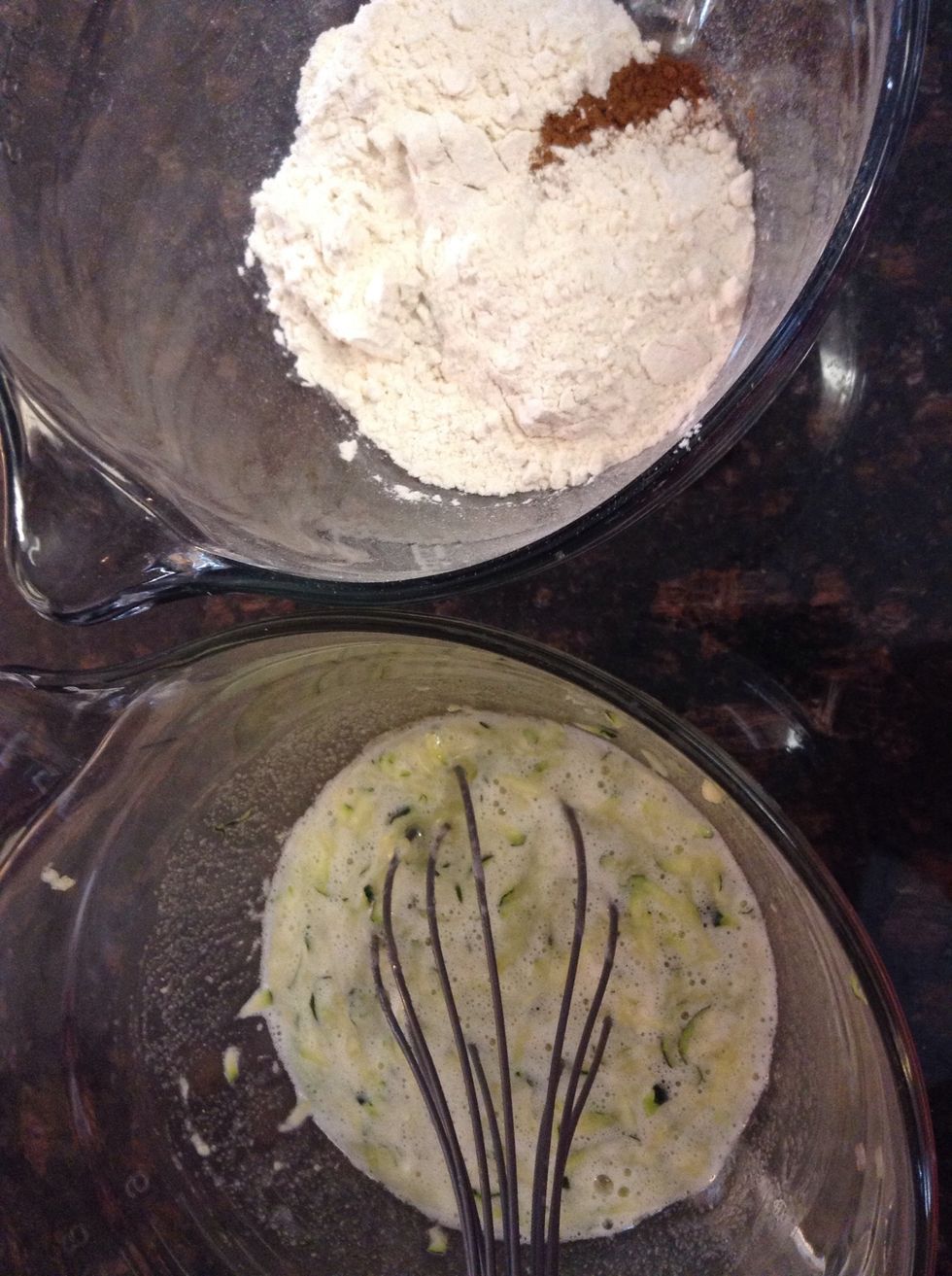 Add the dry to the wet mixture & whisk together.