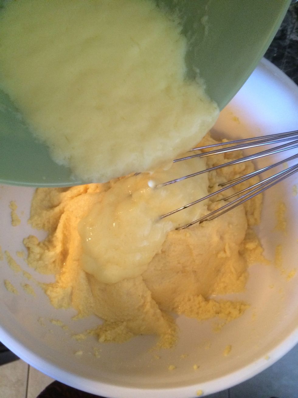 add the egg/buttermilk mixture to the cornmeal mixture
