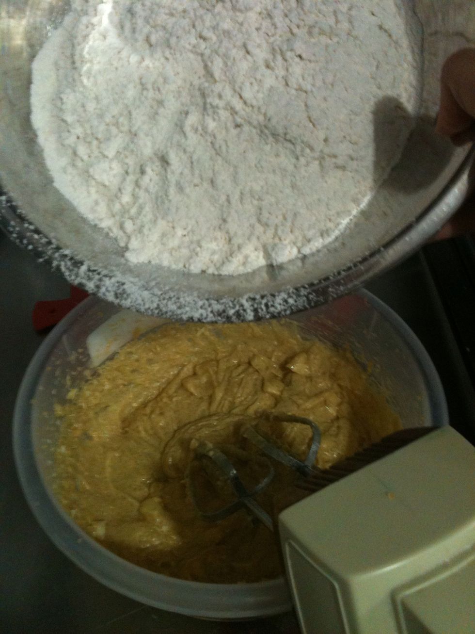 Add the eggs and mix. Finally Add the flour.