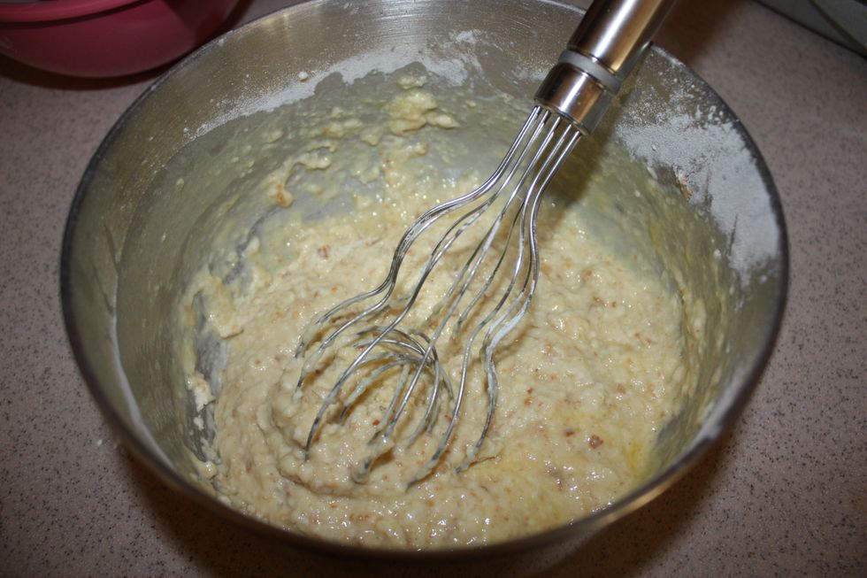 Add the eggs and whisk again. You want it to be a little thick, but not so thick that it won't pour. Add more milk if too thick or add a little flour if too runny.