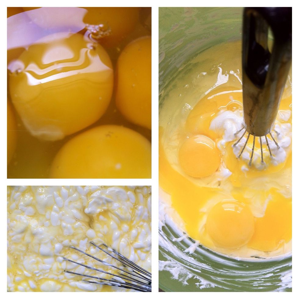 Add the eggs into the cheese mixture, untill creamy.