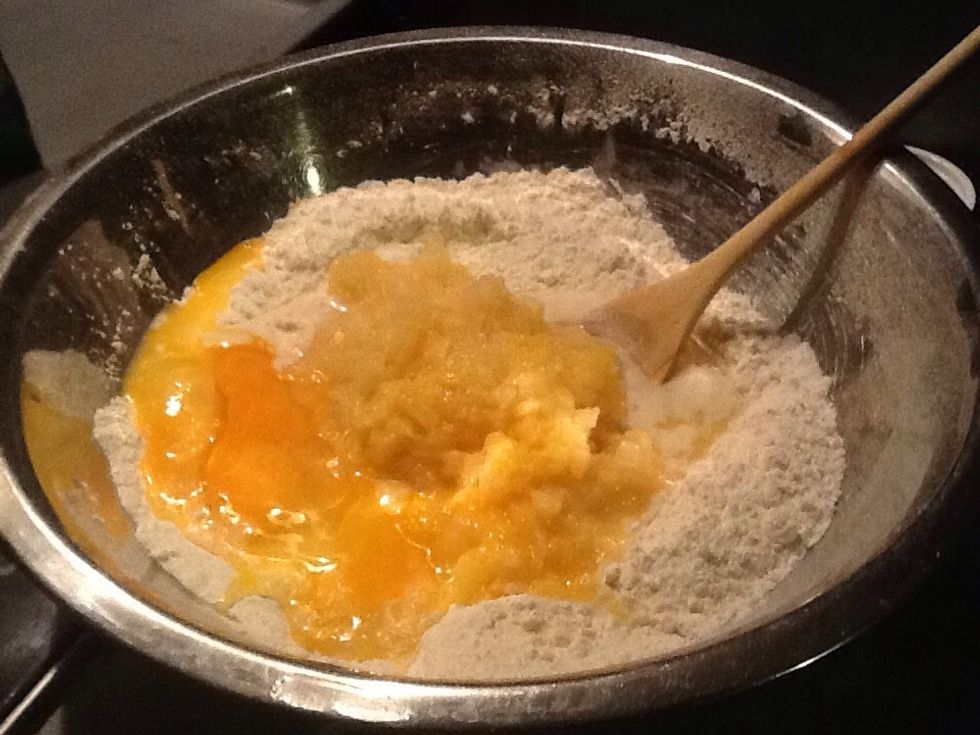 Add the eggs, pineapple and juice (I cracked the eggs into a separate bowl so I could make sure there were no egg shells)