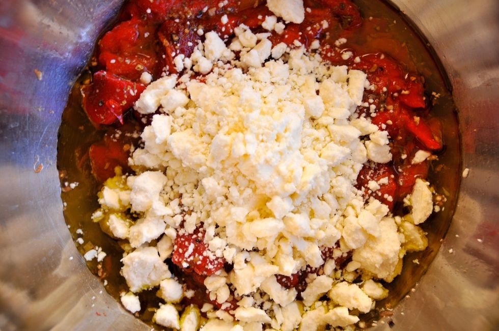 Add the feta, the basalmic, lemon juice and the thyme. Gently mix or fold the ingredients together. If you are eating this later, hold off on the cheese and add it just before you serve it up!