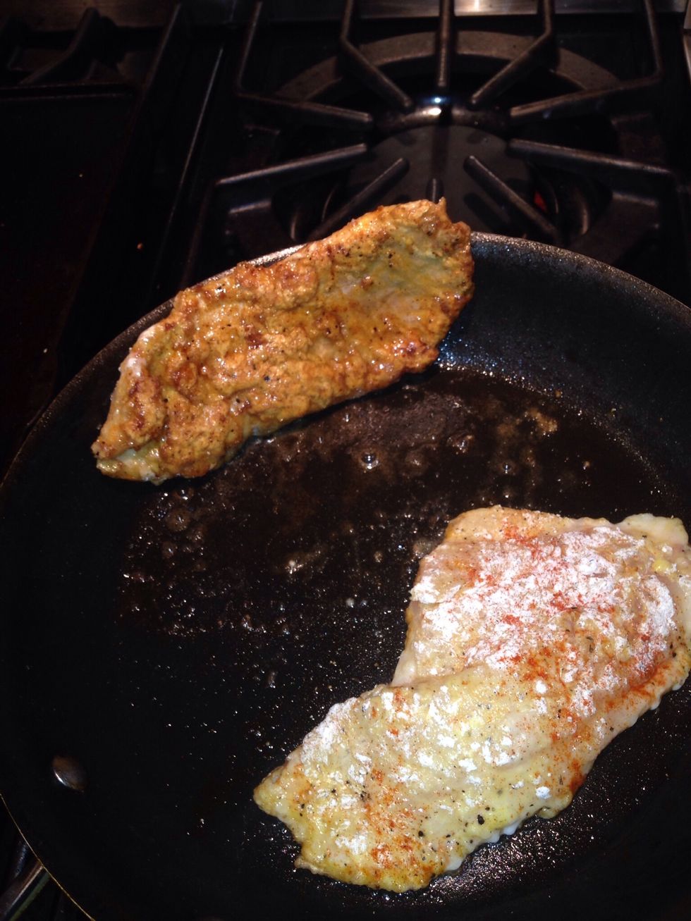 Add the fillets to the skillet and cook until golden brown on one side. About 4-6 minutes. Reserve pan juices in the pan.