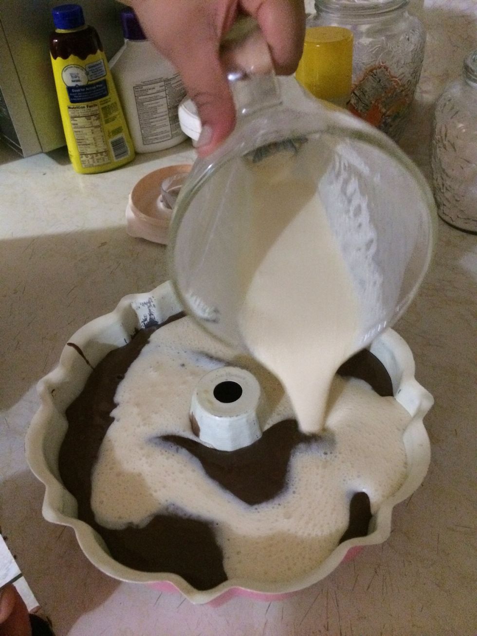 Add the flan mix into cake batter