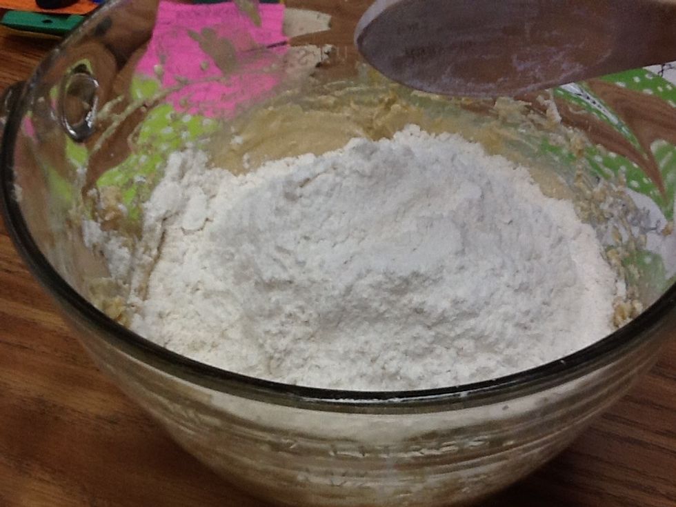 Add the flour and baking soda to the mixture.