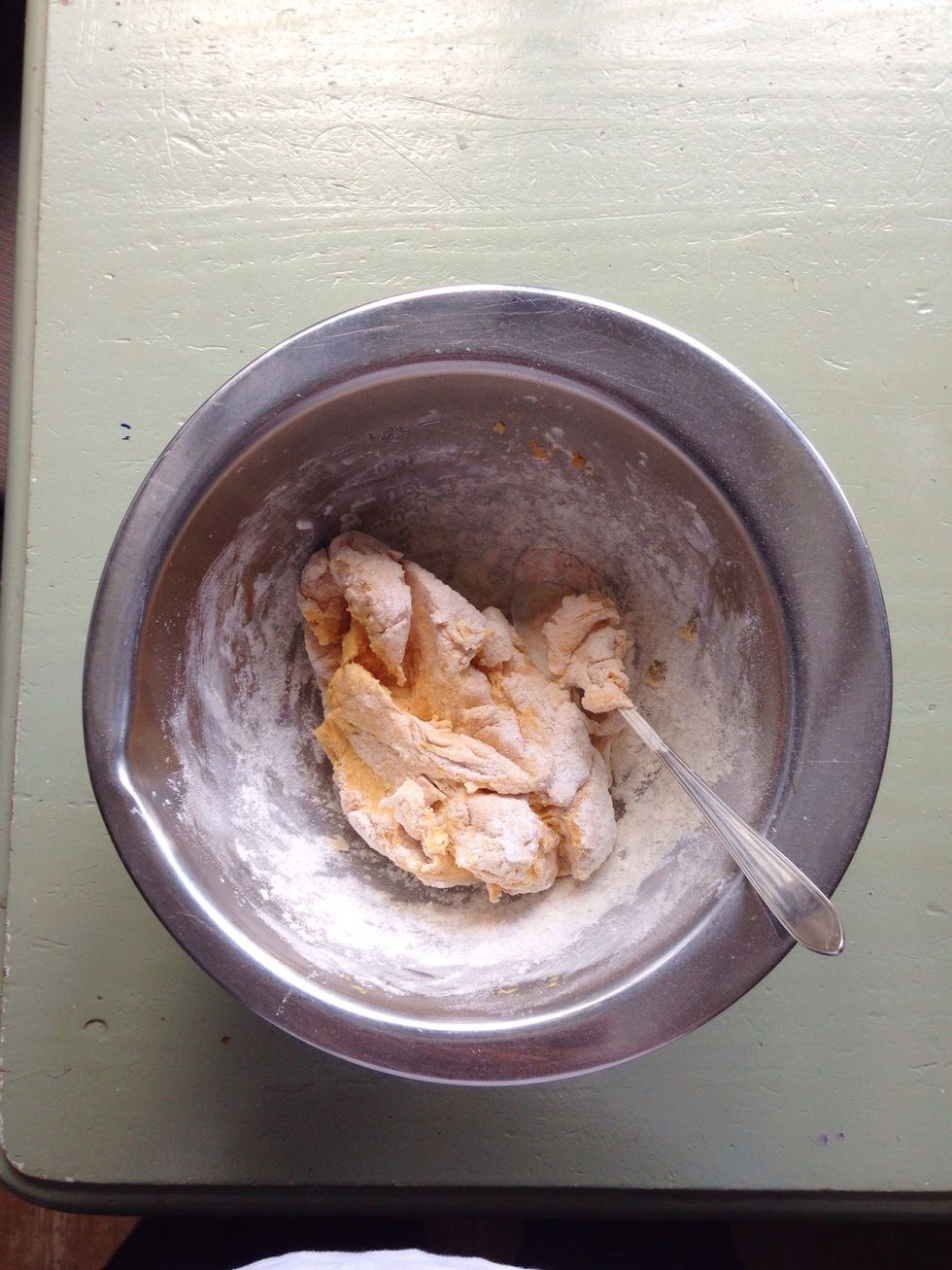 Add the flour and mix it with a spoon. It should look like this. Add more flour or water to needs, if necessary. I also mixed in some coconut oil for flavour, it's also really healthy!