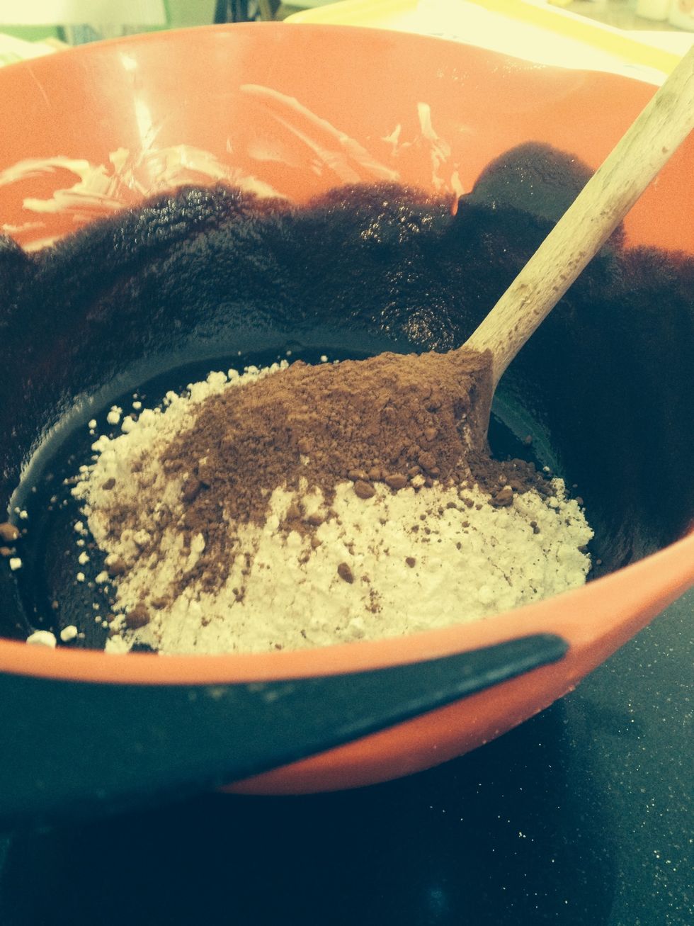 Add the flour and stir you can substitute some of this for coco powder if you want