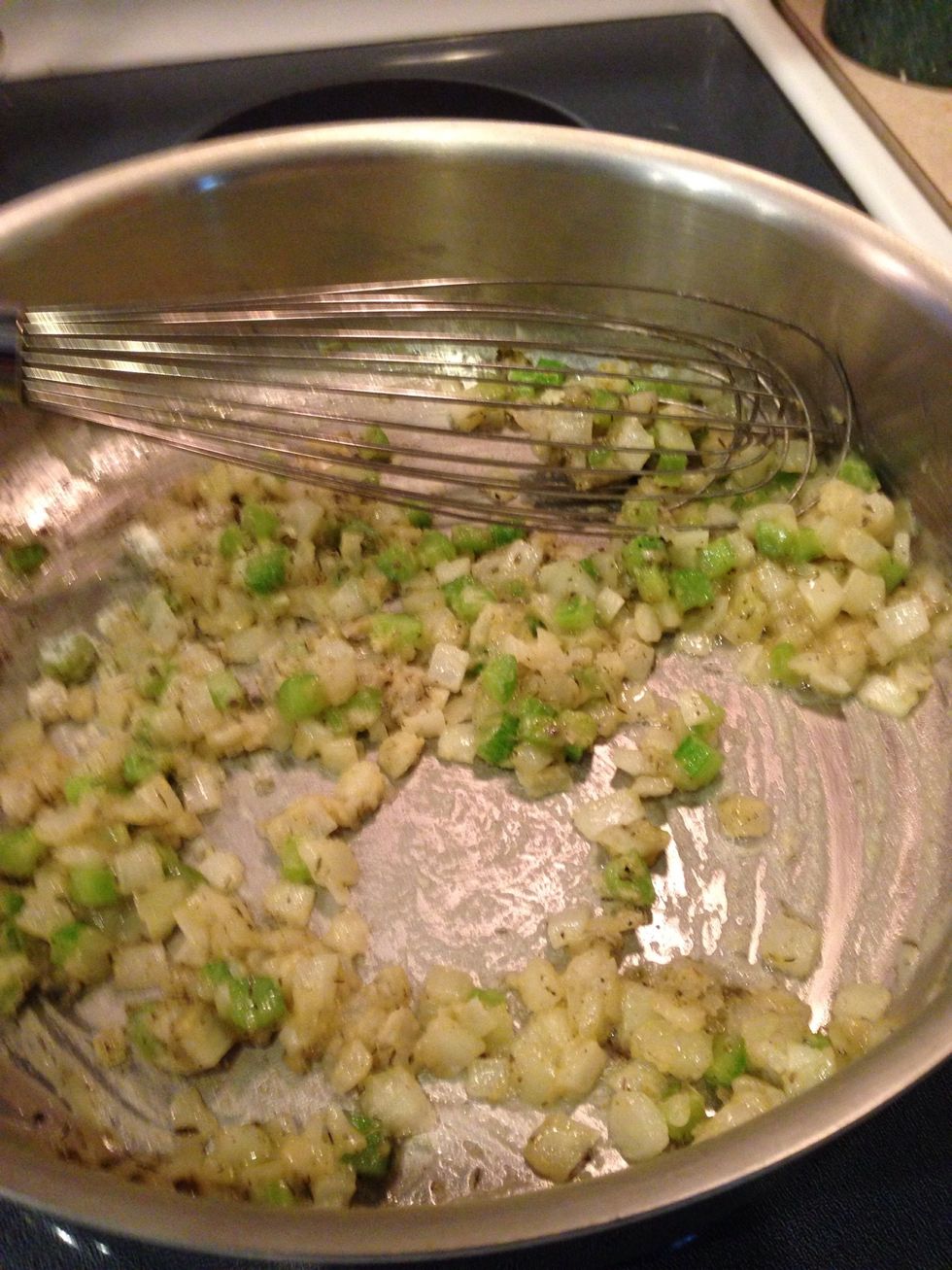 Add the flour, cayenne, poultry seasoning (if using dried thyme, add it at this point. About 3/4 tsp) and cook for 5-6 minutes.