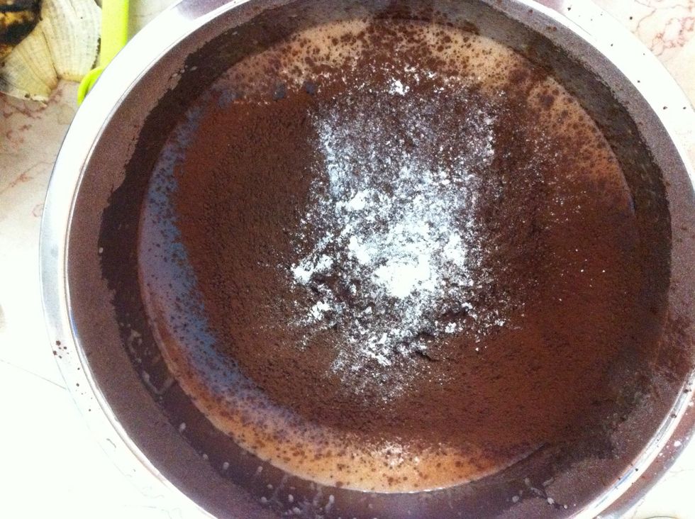 Add the flour , cocao powder and baking powder