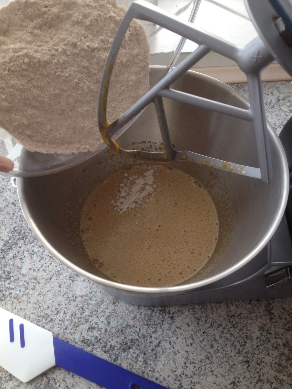 Add the flour mix to the egg and sugar mix