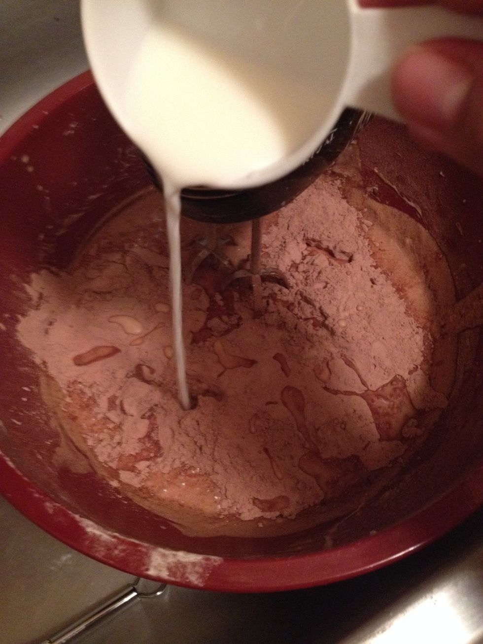 Add the flour mixture, a third at a time, alternating with the milk in two addition. (you'll begin and end with the flour mixture.)