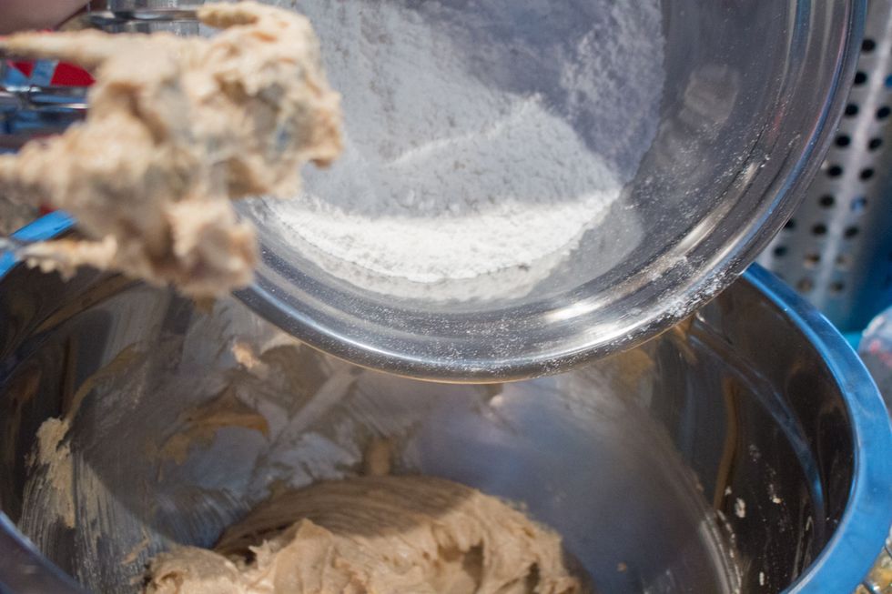 Add the flour mixture in TWO additions to the peanut butter beating between additions.