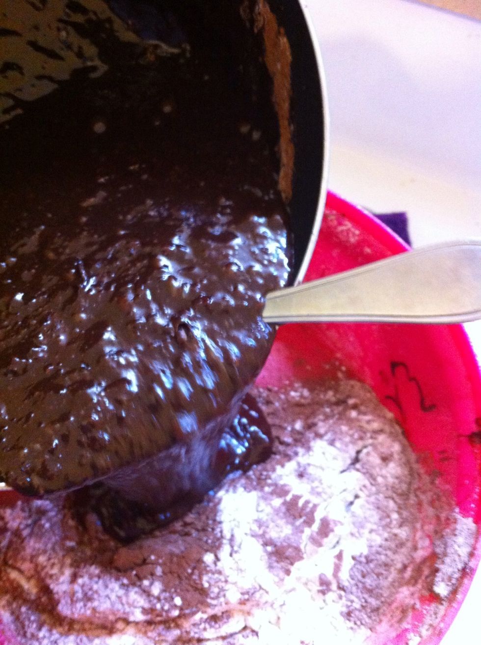 Add the flour mixture to chocolate mixture and mix well.