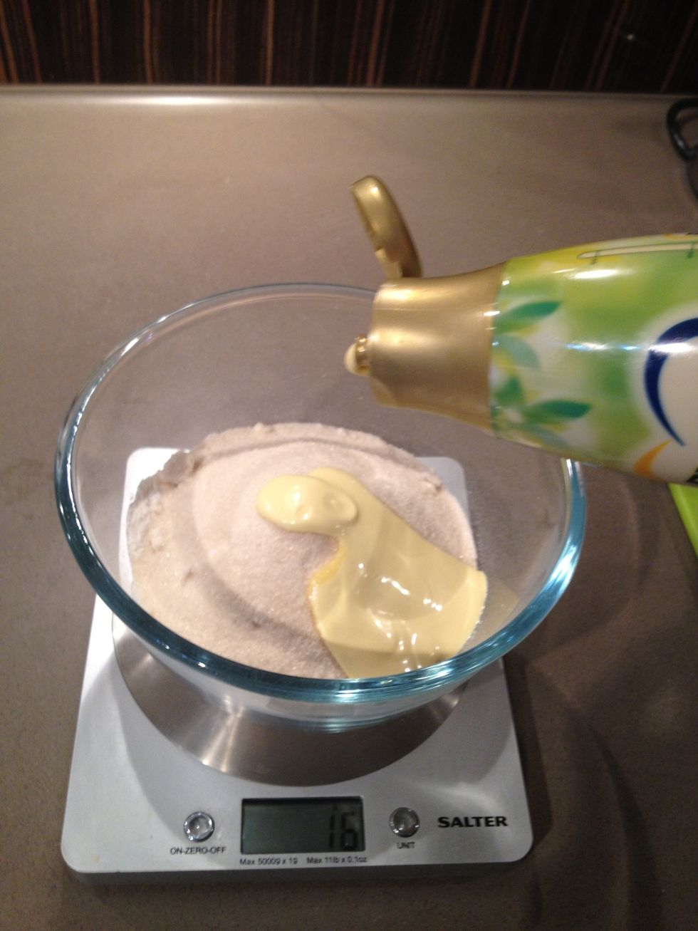 Add the flour, sugar and Flora Cuisine into a bowl...