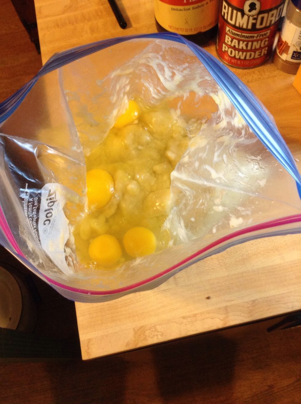 Add the four eggs and remove as much air out of the bag and seal.  Shake, kneed or otherwise throw at a wall or spouse to mix well!