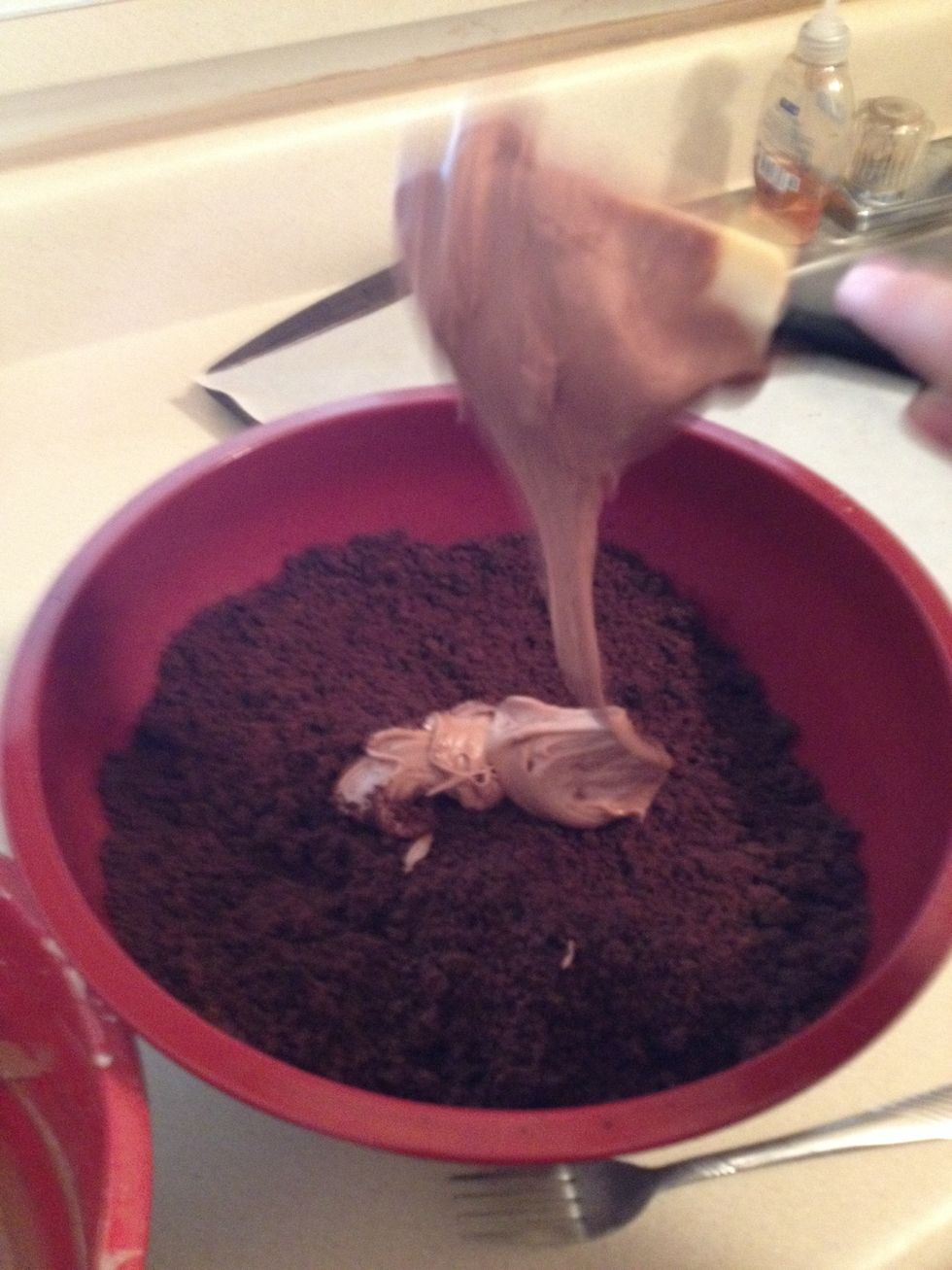 Add the frosting into the crumbled cake, using the back of a large metal spoon, until thoroughly combined. Don't use too much of the frosting if using a container, the cake balls will be too moist.