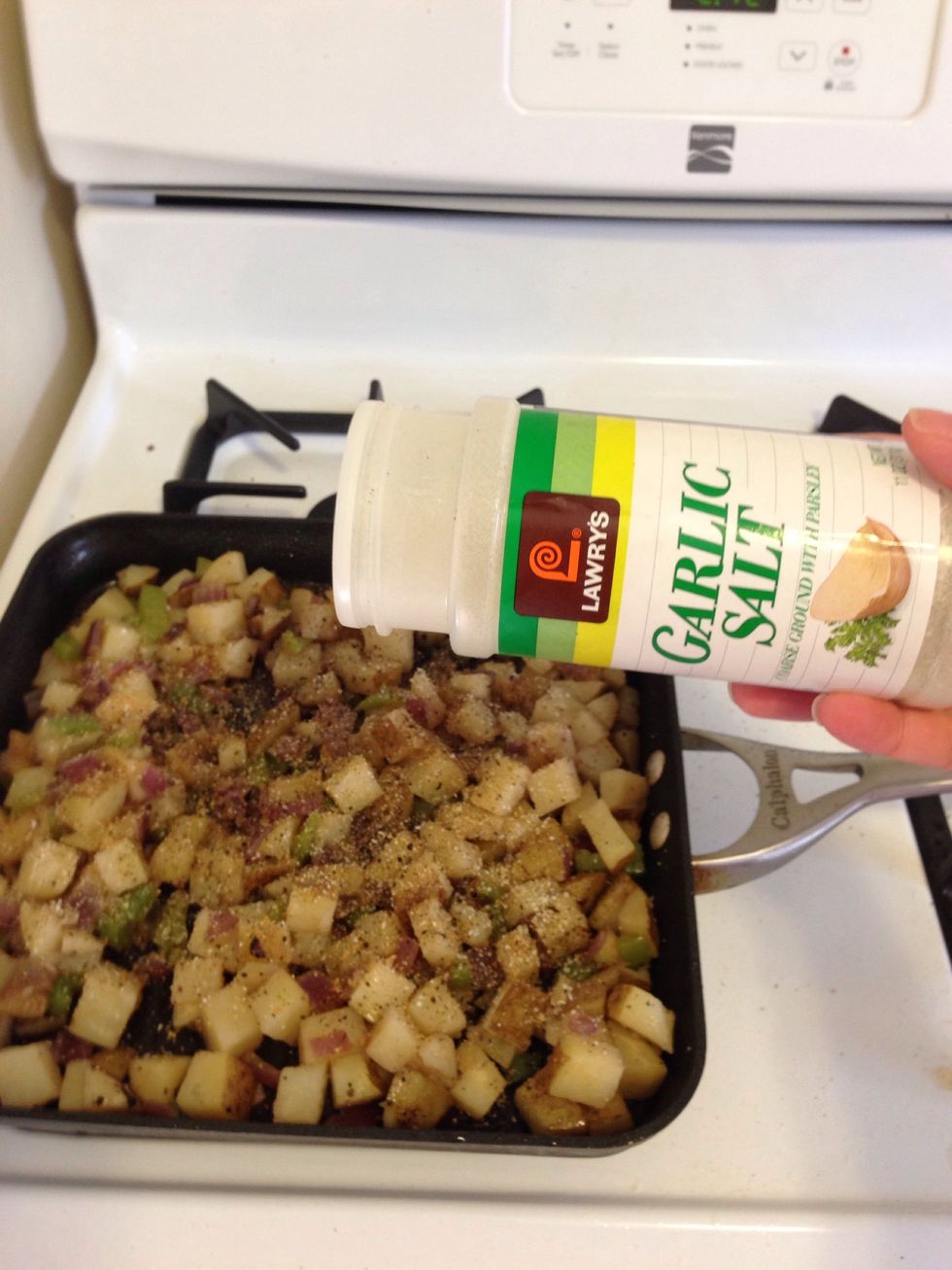 Add the garlic salt. Stir the mixture so all the ingredients are stirred in. Cook until the potatoes are tender.