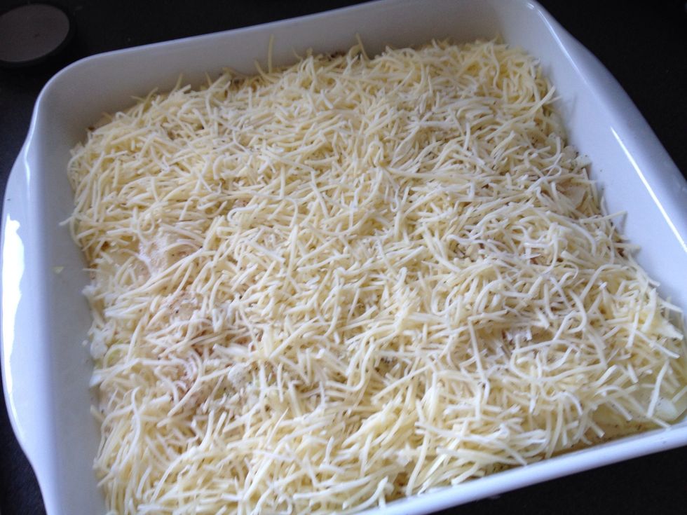 Add the grated cheese on top, and put it in the oven for 45-60 minues.