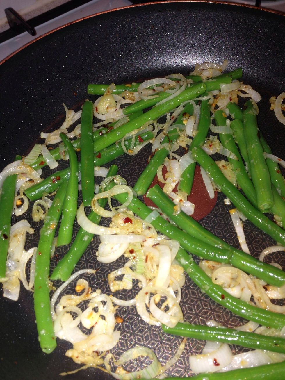 Add the green beans and fry for 5 mins- tossing often!!
