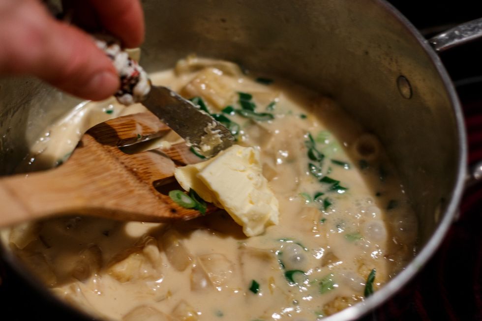 Add the green onions and a wop of butter to the sauce. ( do this at the end and off of the the heat )
