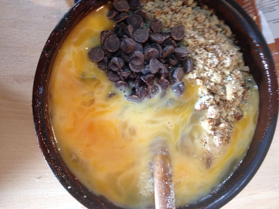 Add the ground almonds, walnuts and eggs to the mix. Hopefully your pan is a bit bigger so it won't spill.