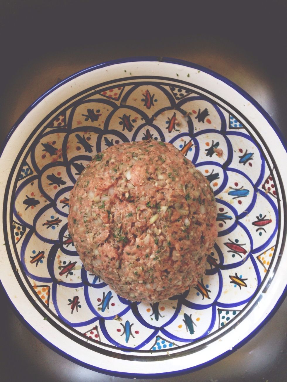 Add the ground lamb to the bowl and mix thoroughly until it looks something like this.